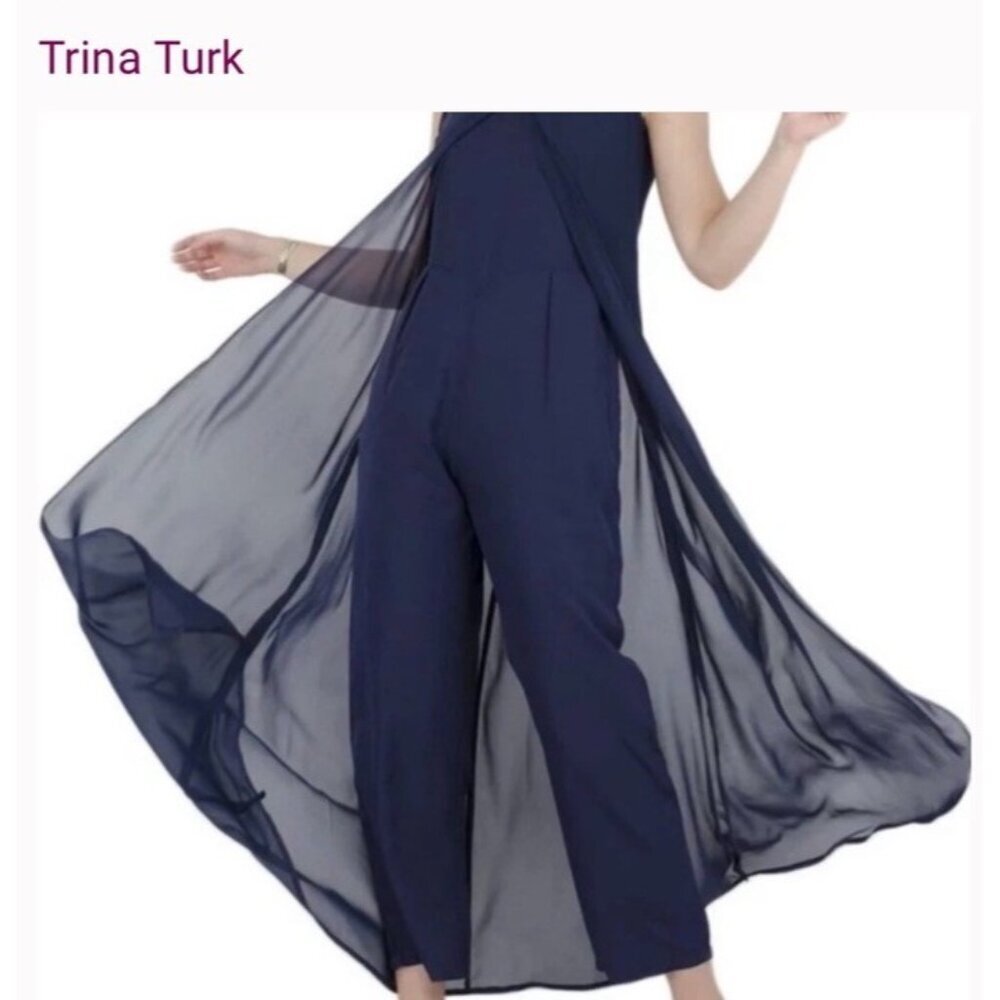 Trina Turk Capote blue jumpsuit flowy sheer chiffon overlay high-low hem 12